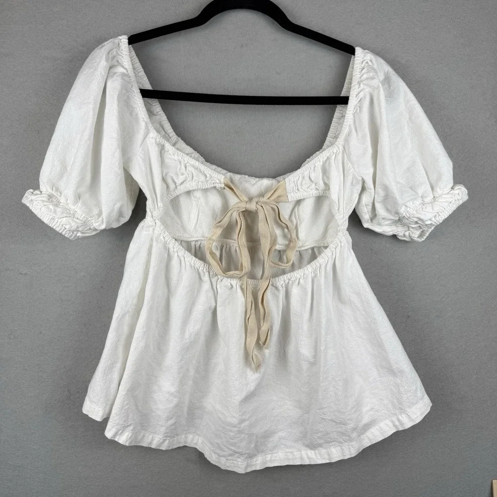 Free‎ People White Cotton Puff Sleeve Tie Back Milkmaid Peplum Blouse XS